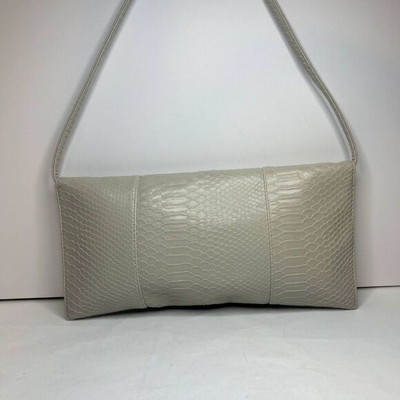 Jessica McClintock Alligator Print Beige Leather Flap Wide Clutch Handbag Purse - Picture 5 of 10